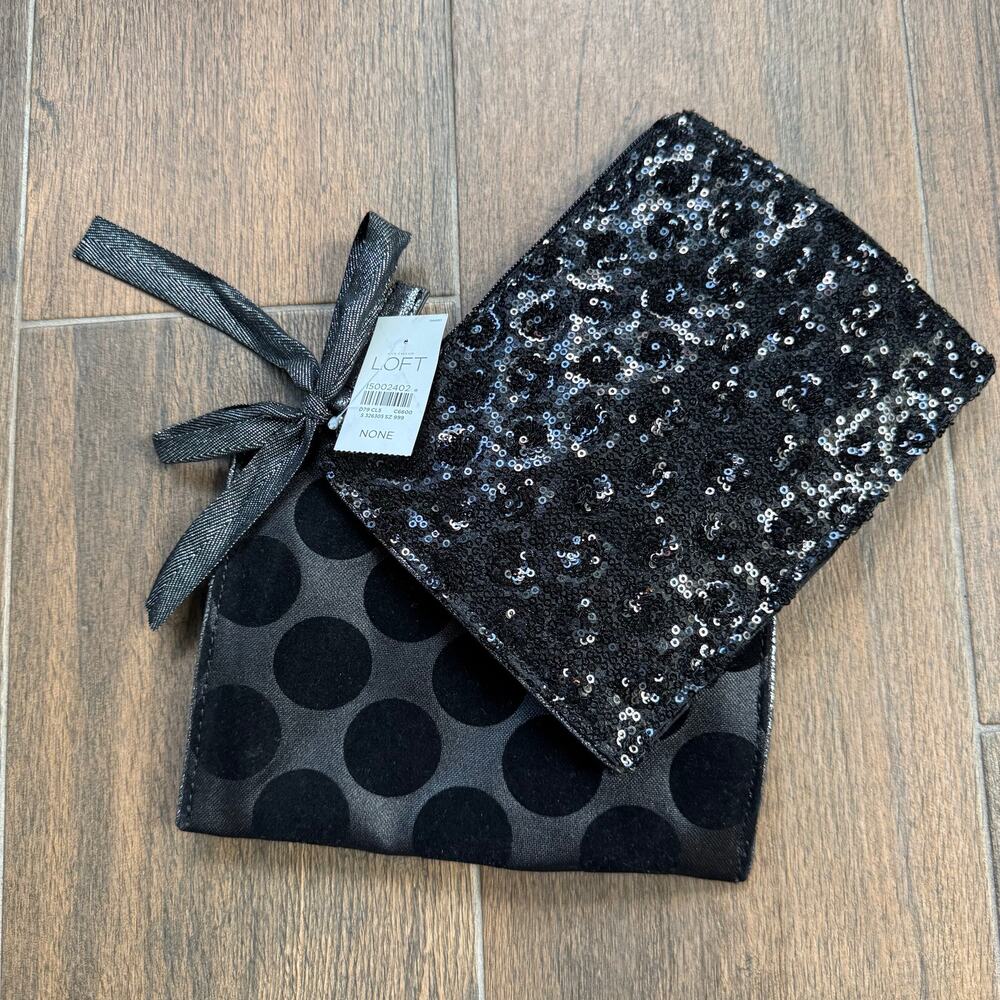 Makeup Bag Set 2 Piece Zippered Sequin Bags Polka Dots NEW LOFT Black